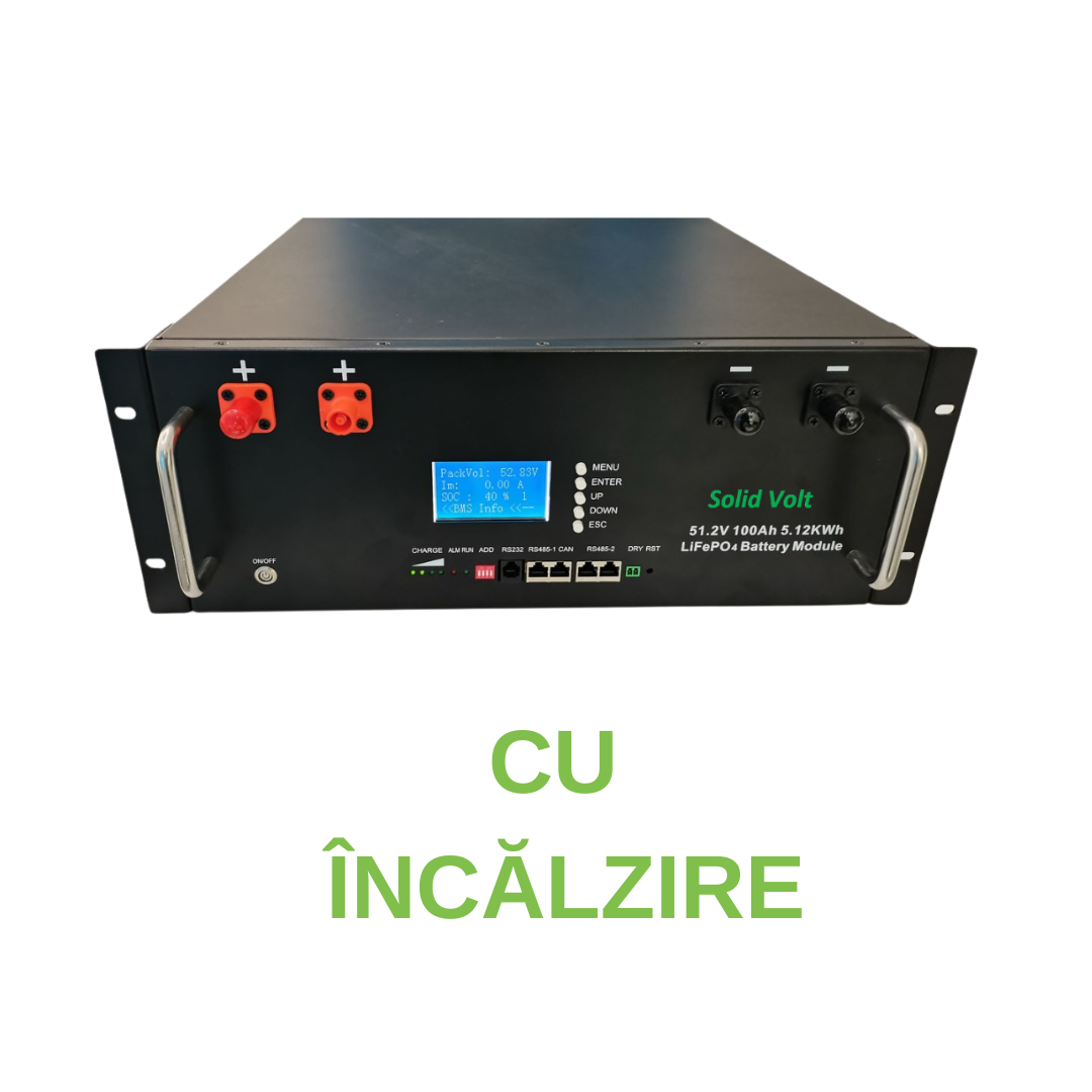 Acumulator litiu LiFePO4 5.12 kwh Solid Volt CU INCALZIRE - 100ah, 51.2 V Solid Volt, BMS Smart si Display pe baterie Low Voltage