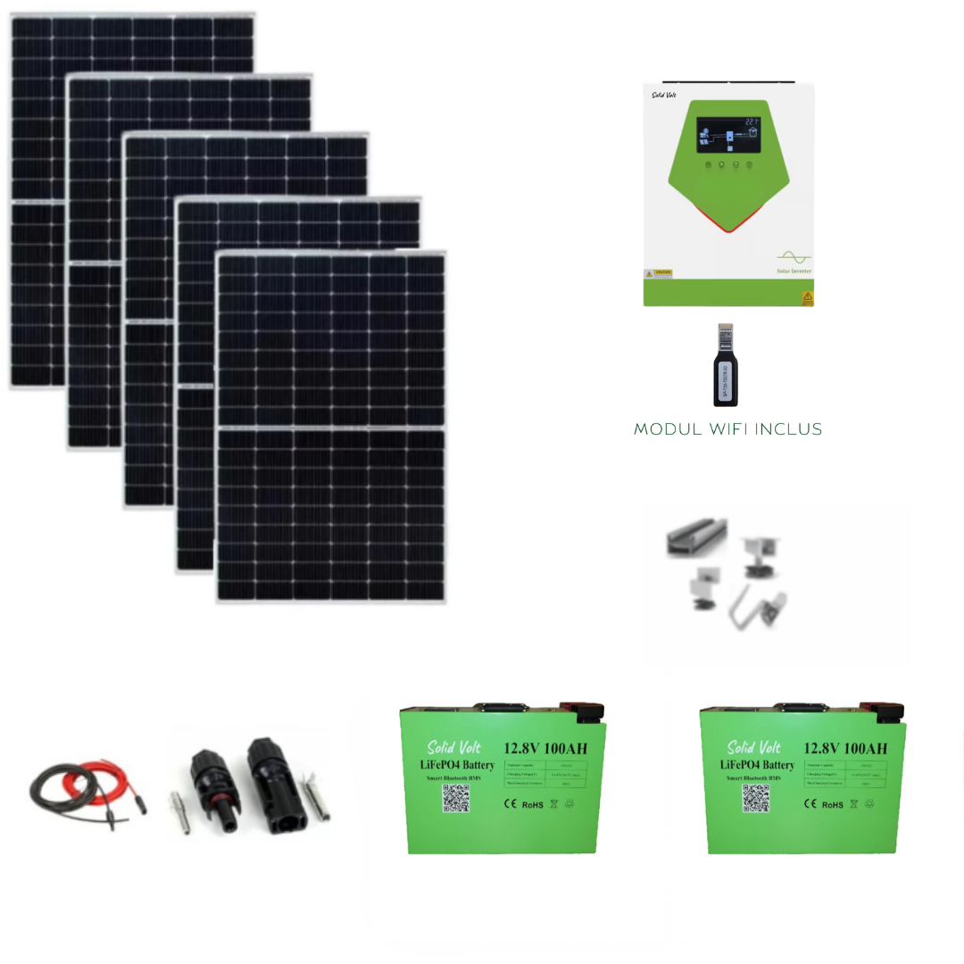 Sistem/kit fotovoltaic cu 5 panouri solare 460W + Invertor hibrid 4.5kw Solid Volt + baterii solare 100Ah Solid Volt+ conectori si cablu + structura