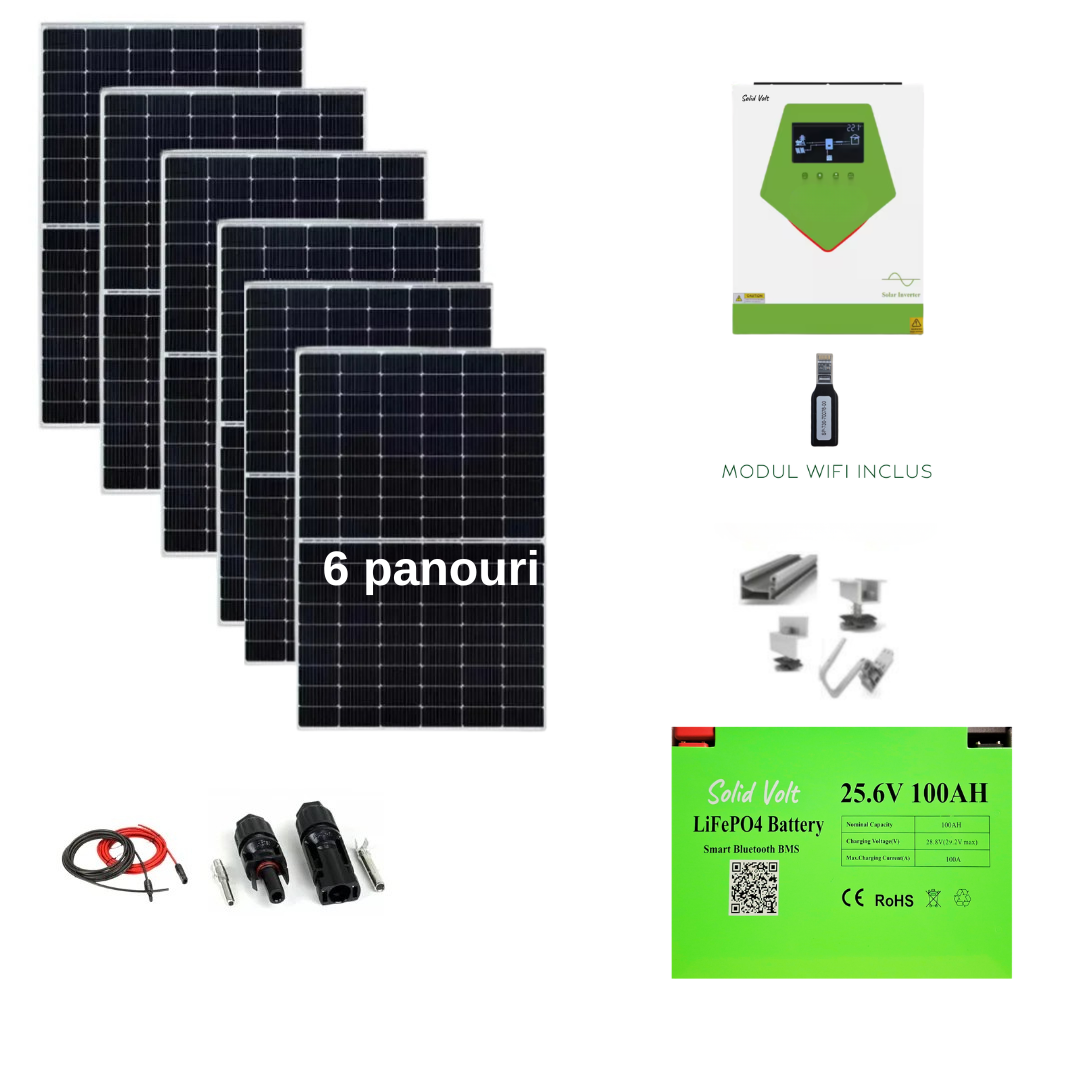 Sistem fotovoltaic complet cu 6 panouri 460W, baterie LiFePO4 100Ah 24V si invertor hibrid Solid Volt 4.5kw, structura acoperis tabla