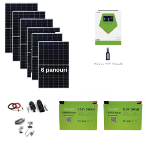 Sistem solar/Kit fotovoltaic cu 2 x baterii LiFePO4 litiu 200Ah, 6 x panouri de 450W - 460W si invertor hibrid Solid Volt 4.5 KW, cabluri si structura