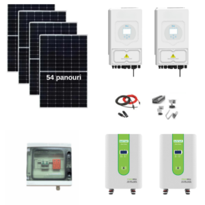 Sistem de 25 kw LOW VOLTAGE instalat in panouri cu 2 buc x invertor Deye de 12kw (TOTAL INVERTER 24KW , SE POT PUNE PANOURI PANA LA 30 KW INSTALAT TOTAL PE ELE ) si stocare 30.72 litiu kw cu incalzire low voltage