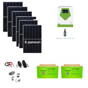 Sistem solar/Kit fotovoltaic cu 2 x baterii LiFePO4 litiu 300Ah, 8 x panouri de 450W - 460W si invertor hibrid Solid Volt 6.5 KW, cabluri si structura