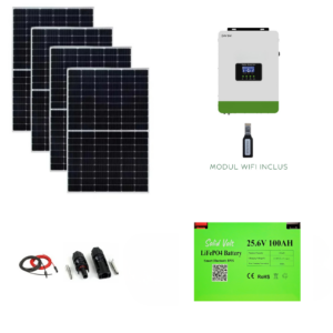 Sistem/kit fotovoltaic cu 4 x panouri solare 450W - 460W + Invertor hibrid Solid Volt 3kW 24V+ baterie solara LiFePO4 100Ah 24V + conectori si cablu