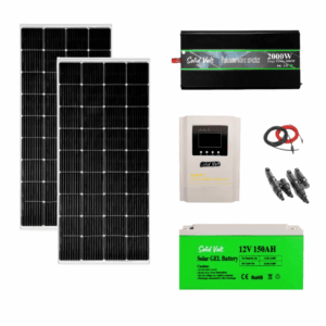 Sistem/kit fotovoltaic 2 x panou solar 200W + controller MPPT 40A + invertor sinus pur 2000W Solid Volt + baterie/acumulator 150Ah GEL + conectori si cablu
